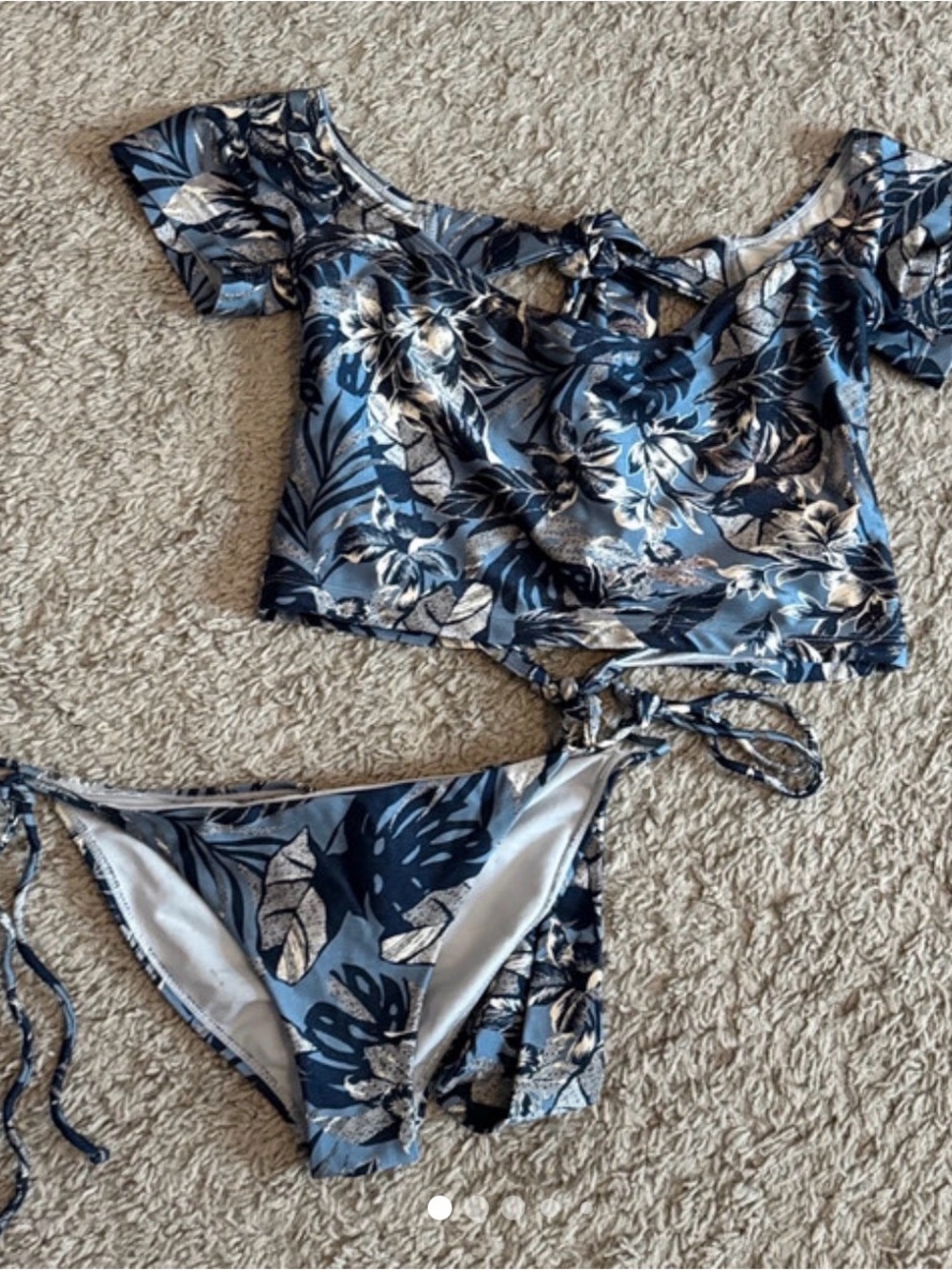 Blue Floral Short-Sleeve Bikini Set